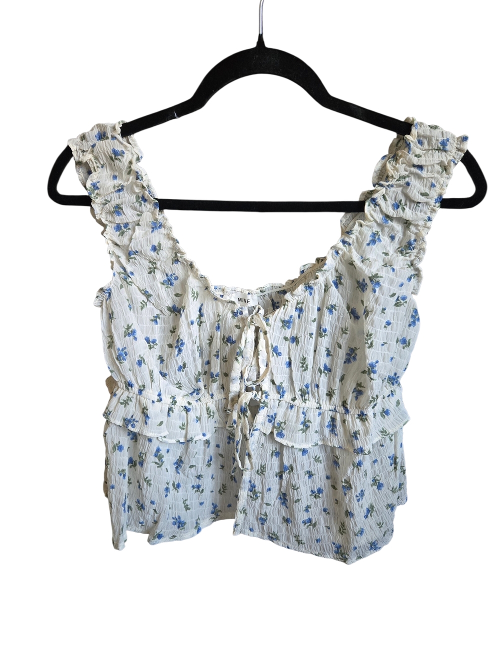 Mine Floral Tie Front Ruched Peplum Top Blue White Cottagecore Boho L NWT